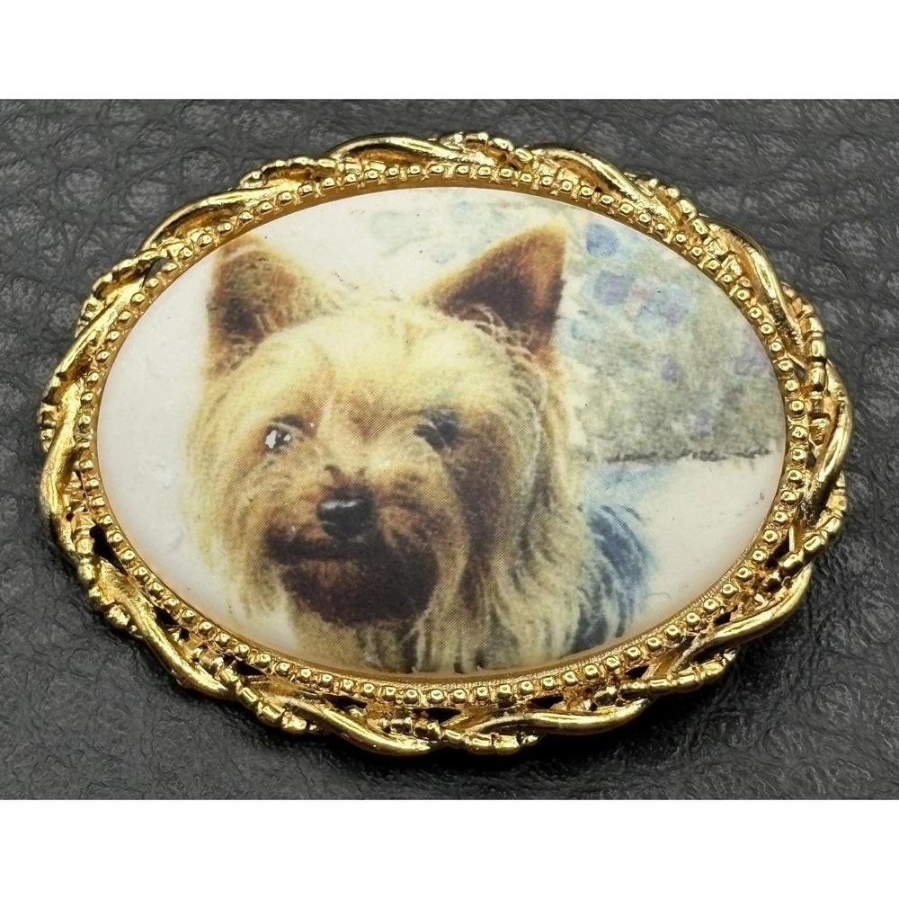 Vintage Yorkshire Terrier Yorkie Pet Dog Brooch Gold Tone Pin